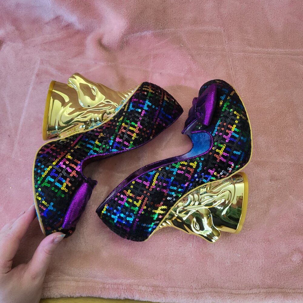 NWOB Irregular Choice Trixy Velvet Sequin Unicorn Heels Gold Size 41 / 10 - Picture 5 of 6